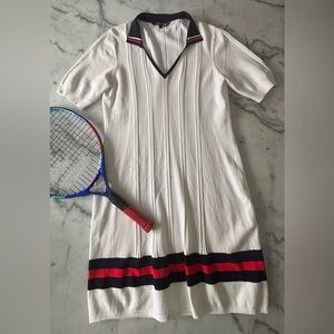 MOVETES Luxury Tennis Knit / Golf Dress – White/Navy/Red – Size L
